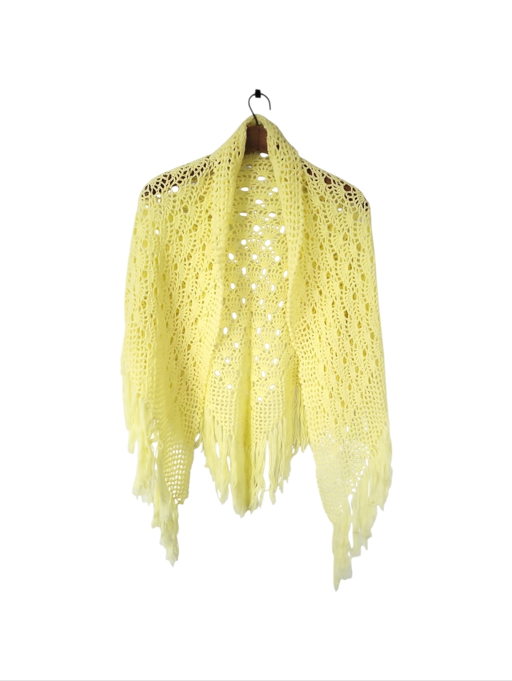 Vintage 70's Yellow Handmade Crocheted Fringe Shawl ~O/S~ Hippie ~ Festival